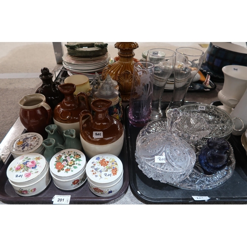 201 - A collection of decorative ceramics and glass including a white glazed hunting jug, stoneware jugs, ... 