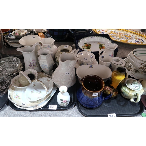 201 - A collection of decorative ceramics and glass including a white glazed hunting jug, stoneware jugs, ... 