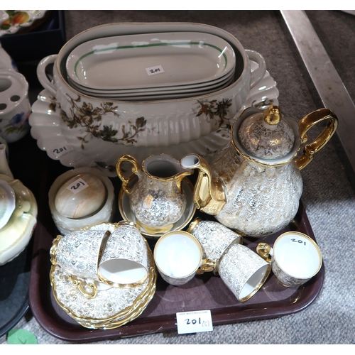 201 - A collection of decorative ceramics and glass including a white glazed hunting jug, stoneware jugs, ... 