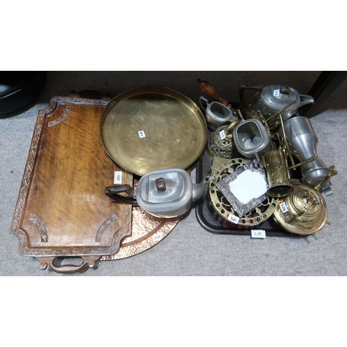 203 - A hammered pewter teaset and assorted copper and brass items etc