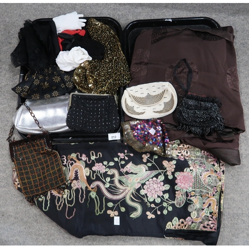 212 - A Chinese embroidered jacket, another jacket in brown, assorted beaded handbags, gloves etc