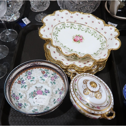 216 - A samson famille rose bowl decorated with flowers and foliage, Crescent China dessert plates and dis... 