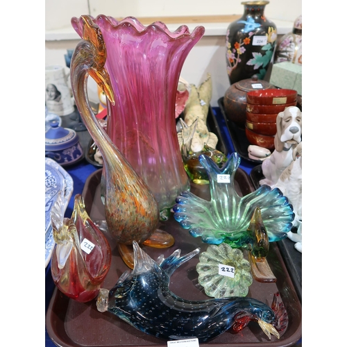 222 - A collection of art glass including a large pink and green vase