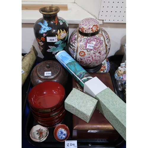 224 - assorted Chinese and Japanese items including cloisonne vase, lacquer dishes, four mother of pearl i... 