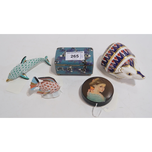 265 - A Russian circular box, painted with the portrait of a child, a Herend green dolphin, a red fish, a ... 