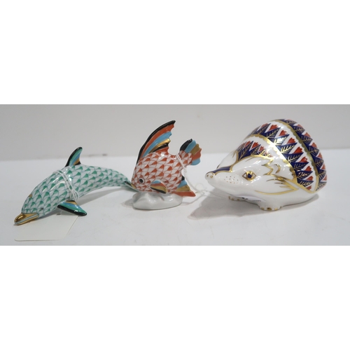 265 - A Russian circular box, painted with the portrait of a child, a Herend green dolphin, a red fish, a ... 