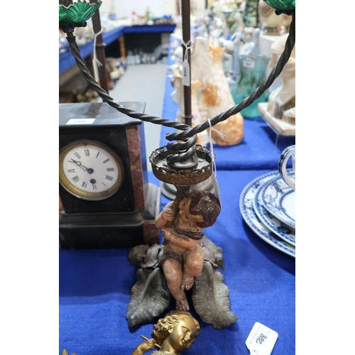268 - A pair of tall candlesticks, a cherub candelabra, a slate mantle clock and a gilt metal clock