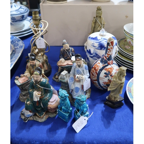 272 - A collection of ceramics including Chinese figures of scholars, two carved hardstone figures of Guan... 