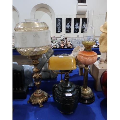 287 - An Art Deco glass table lamp, an oil lamp and two other lamps