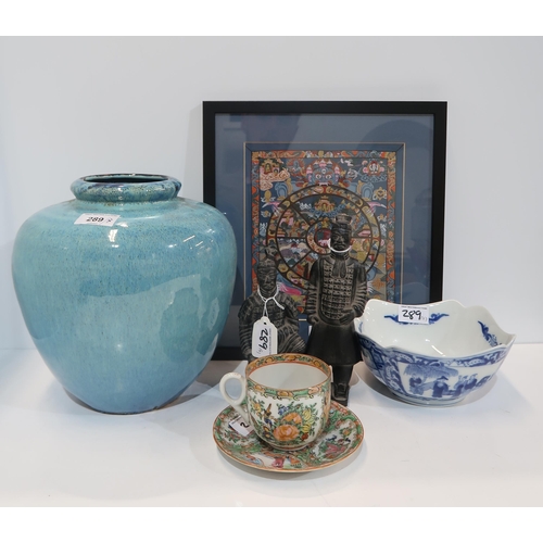289 - A pale blue Chinese glazed vase, a blue and white squared bowl, a Canton cup and saucer and other it... 