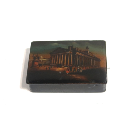 291 - A Victorian papier mache snuff box, painted with Glasgow’s Royal Exchange, what is now the Gallery o... 