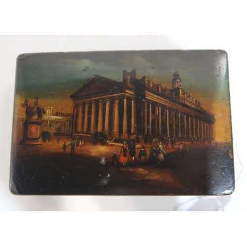 291 - A Victorian papier mache snuff box, painted with Glasgow’s Royal Exchange, what is now the Gallery o... 