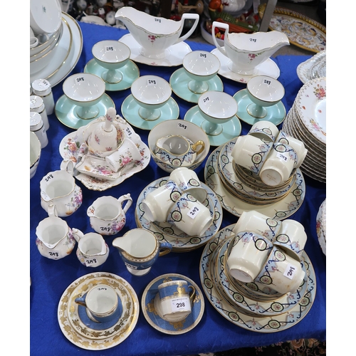 298 - A hand painted porcelain tea service, A Wedgwood blue and gilt trio, a coffee can and saucer, Royal ... 
