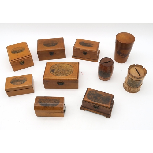 469 - Twenty-three articles of Mauchline ware, depicting largely English locations (Ramsgate, Yarmouth, Bo... 