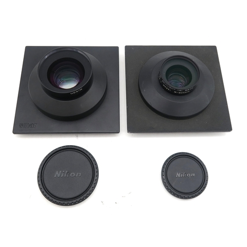 508 - Two Nikon lenses mounted for use with the Sinar large format camera: Nikkor-W 180mm 1:5.6 741727 and... 