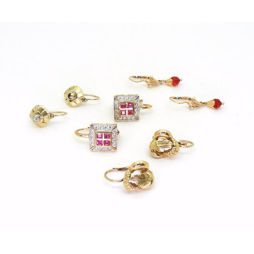 761 - Four pairs of 18ct and bright yellow metal earrings three set with gems, weight all together 14.8gms