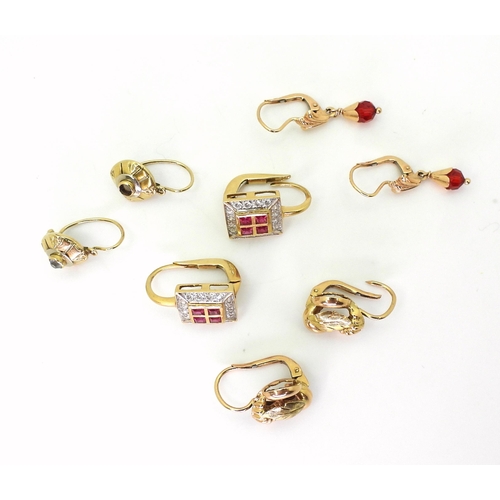 761 - Four pairs of 18ct and bright yellow metal earrings three set with gems, weight all together 14.8gms