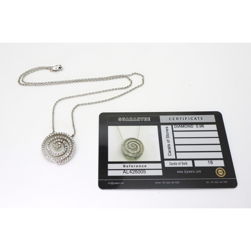 765 - A white metal spiral pendant necklace stamped 750 and set with estimated approx 0.90cts of brilliant... 