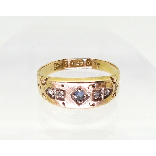 775 - A 15ct gold ring set with a pale blue gem and rose cut diamonds, finger size O, Chester hallmarks fo... 