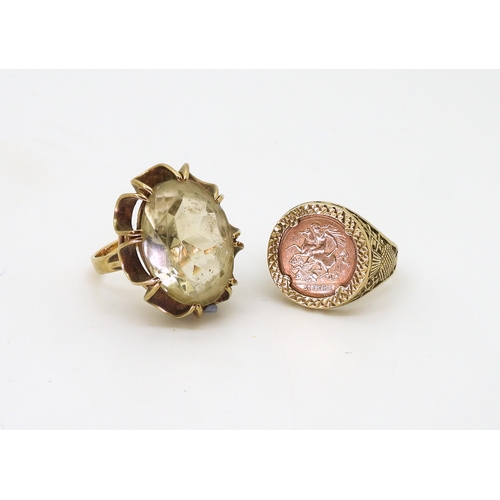 780 - A 9ct gold ring with mounted Smoky quartz, size M, together with a 9ct gold ring, mounted with a fau... 