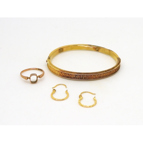 801 - A 15ct gold (af) Etruscan revival bangle weight 9.5gms, together with a 9ct gold  ring, size P,... 