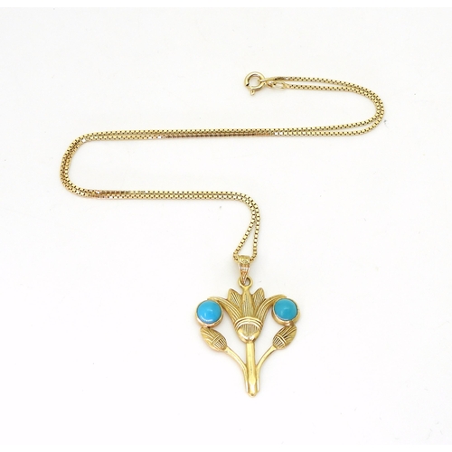 803 - A bright yellow metal lotus flower pendant set with turquoise stones, with Arabic hallmarks, togethe... 