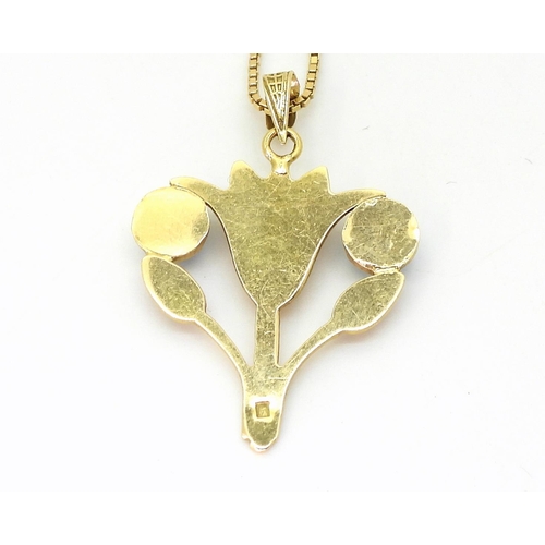 803 - A bright yellow metal lotus flower pendant set with turquoise stones, with Arabic hallmarks, togethe... 