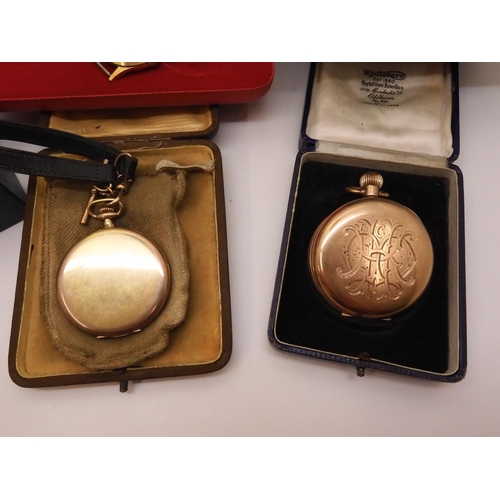 865 - A gold plated Waltham pocket watch with Monogram and inscription to the dust cover, a Rolled gold sl... 