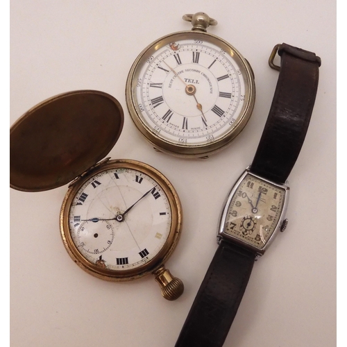 873 - A white metal mounted Tell centre Seconds Chronograph pocket watch together with a Gold plated (af) ... 