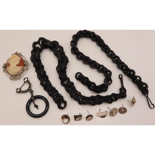 875 - Two Vulcanite Victorian mourning fob watch chains, a silver and black glass, marcasite brooch etc