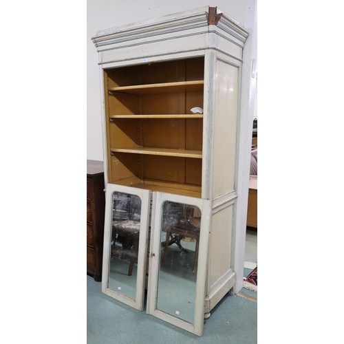 132 - A 19th century French painted Armoire with moulded cornice over pair of mirrored doors enclosing she... 