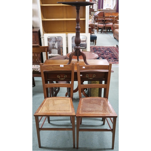 144 - A lot comprising mahogany single drawer hall table, pair of bergere bedroom chairs and a tilt top oc... 