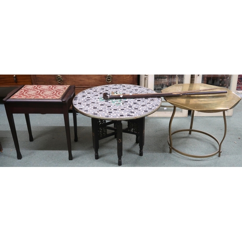 146 - A lot comprising circular top occasional table, brass octagonal table, mahogany piano stool and two ... 