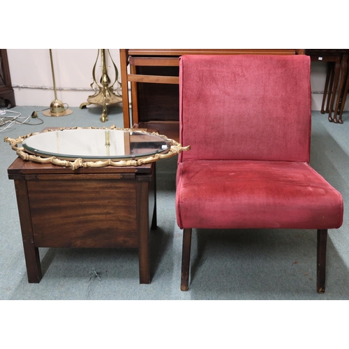 147 - A mid 20th century bedroom chair, mahogany commode and a gilt metal framed wall mirror (3)