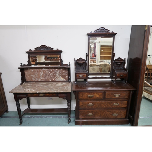 151 - A Victorian mahogany and burr walnut veneered bedroom suite comprising triple door wardrobe, 238cm h... 