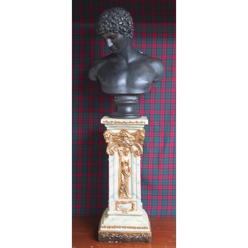 16 - A contemporary classical style resin bust on a 20th century gilt and faux marble plinth, 134cm high