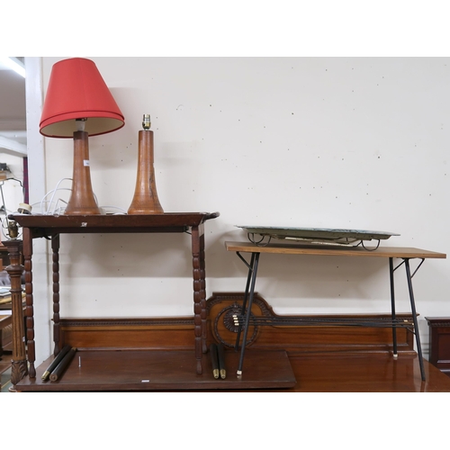 163 - A lot comprising three mid 20th century coffee tables, 20th century bed tray, pair of wood based tab... 