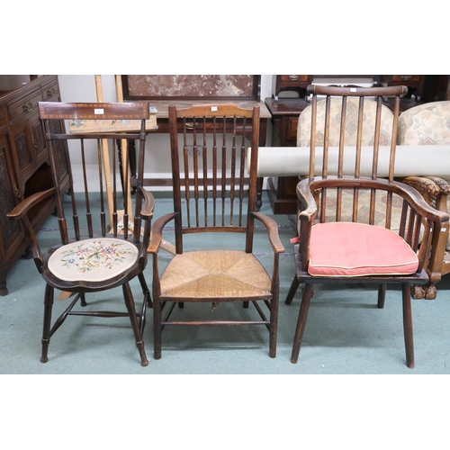 167 - A lot comprising elm horseshoe rail back chair, beech rail back chair with rushed seat and another r... 