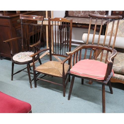 167 - A lot comprising elm horseshoe rail back chair, beech rail back chair with rushed seat and another r... 