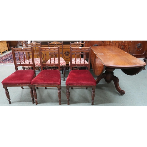 169 - A lot comprising mahogany drop leaf table of tripod base, 75cm high x 144cm wide x 61cm deep, set of... 