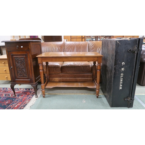 170 - A lot comprising mahogany bedside cabinet, mahogany hall table and metal travel trunk (3)