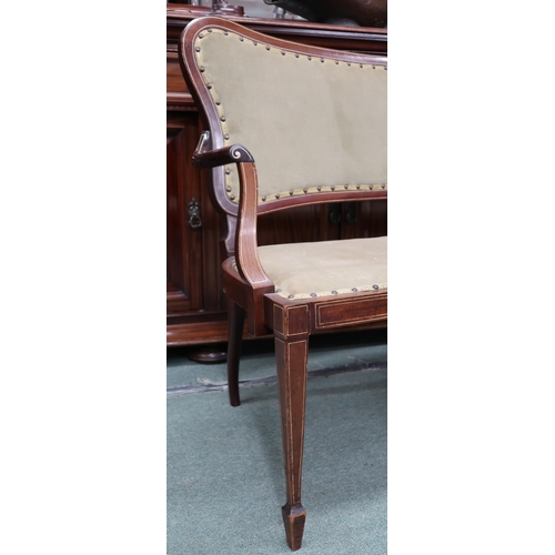 45 - An Edwardian mahogany framed parlour settee with green velour upholstered backrest and seat on squar... 