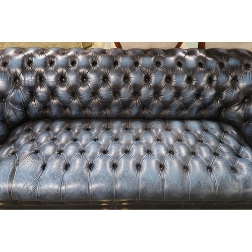 53 - A 20th century blue leather Chesterfield style three piece suite consisting three seater club settee... 