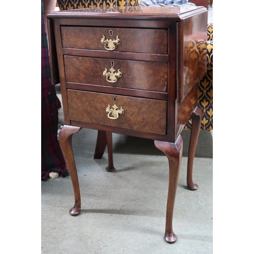 55 - A 20th century walnut and mahogany three drawer chest with drop sides on cabriole supports, 78cm hig... 