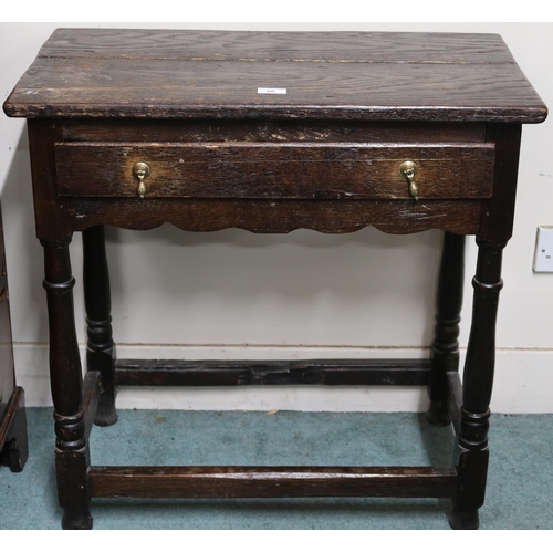 68 - A 18th/19th century oak single drawer side table on turned supports joined by stretchers, 71cm high ... 