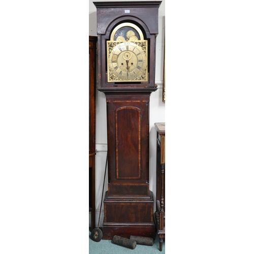 7 - A 19th century brass faced longcase clock marked Clifton Liverpool, with moon dial over main dial be... 