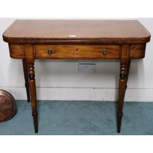 71 - A Victorian mahogany and satinwood inlaid fold over card table with fold over top concealing green b... 