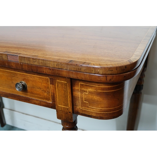 71 - A Victorian mahogany and satinwood inlaid fold over card table with fold over top concealing green b... 