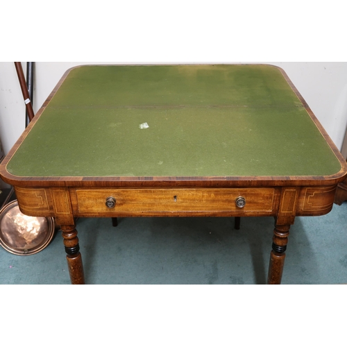 71 - A Victorian mahogany and satinwood inlaid fold over card table with fold over top concealing green b... 