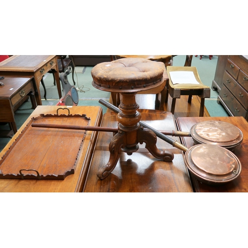 73 - A Victorian walnut adjustable stool with hide upholstered seat on tripod base, two copper bed warmin... 